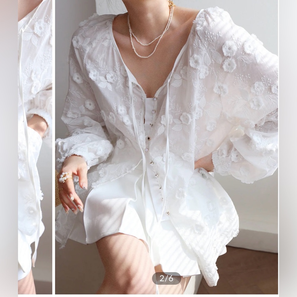 Commense Oversized Semi-Sheer Embroidered Floral Blouse